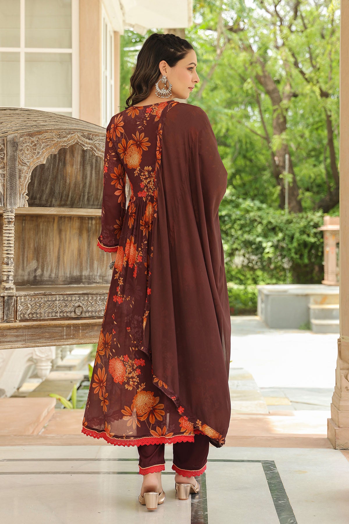 Maroon Floral Chinon Printed Anarkali Suit