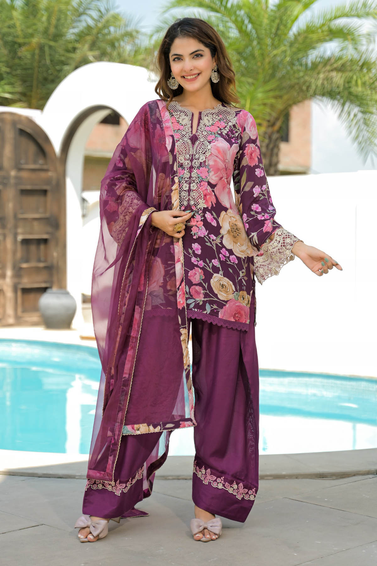 Brown Crepe Embroidered Farsi Salwar Set