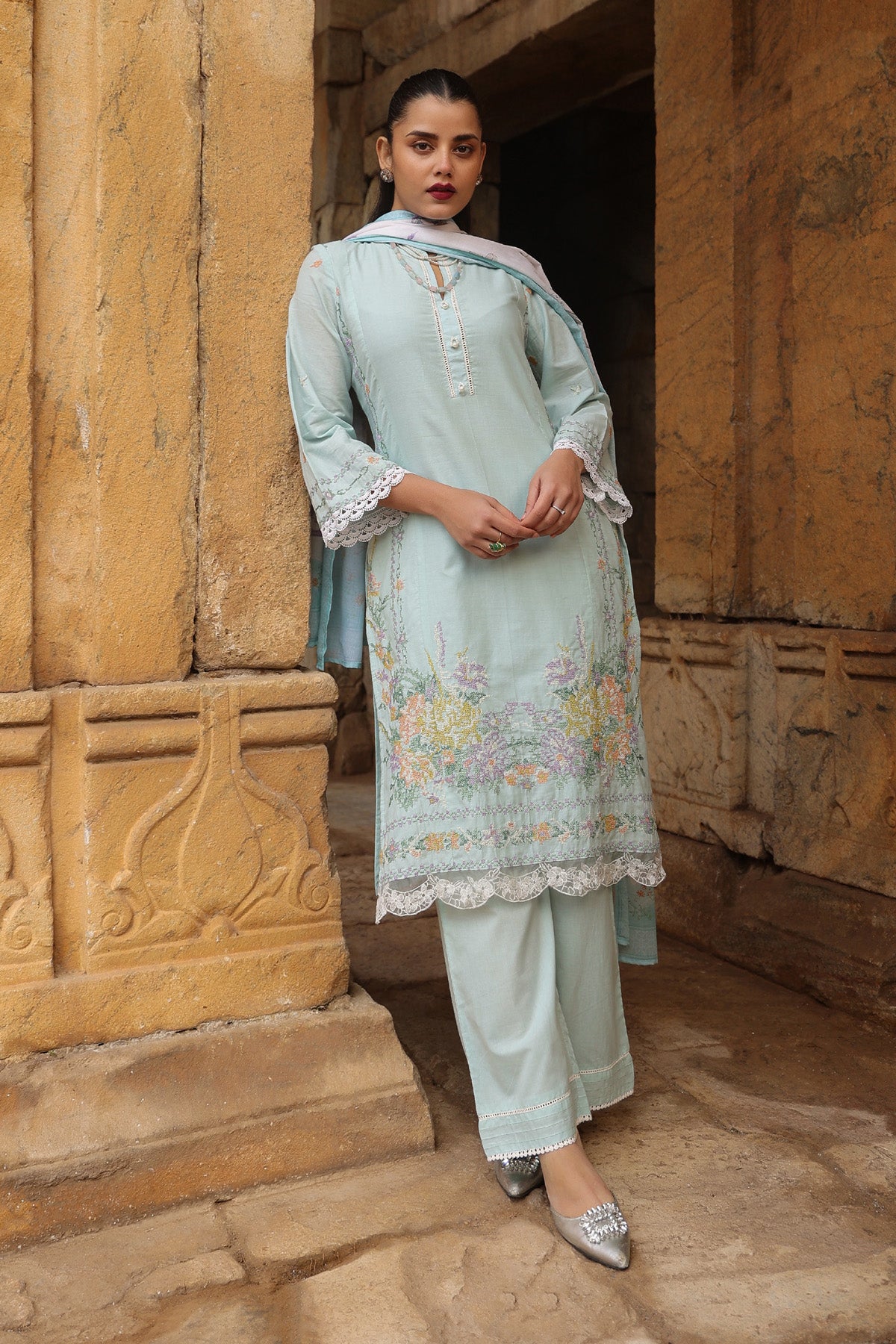 SKY COTTON STRAIGHT KURTA WITH PANT AND DUPATTA