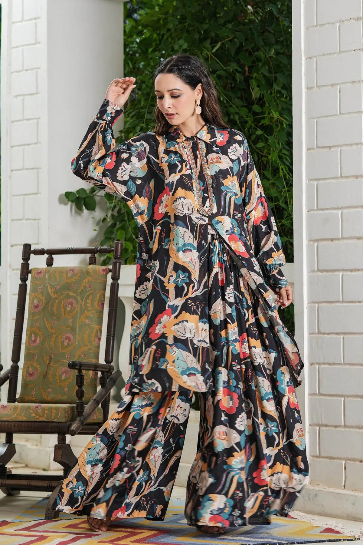 Black Floral Muslin Handwork Co-Ord Set