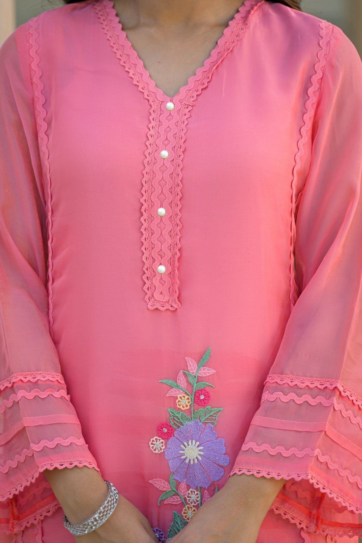 Pink Organza Embroidered Straight Cut Suit Set | Bairaas