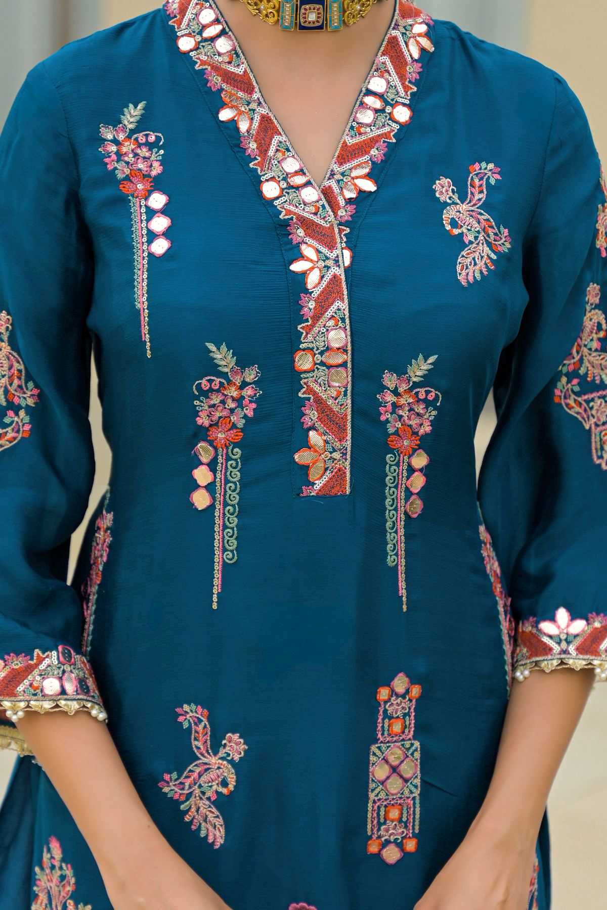 Blue Chinon Embroidered Sharara Set