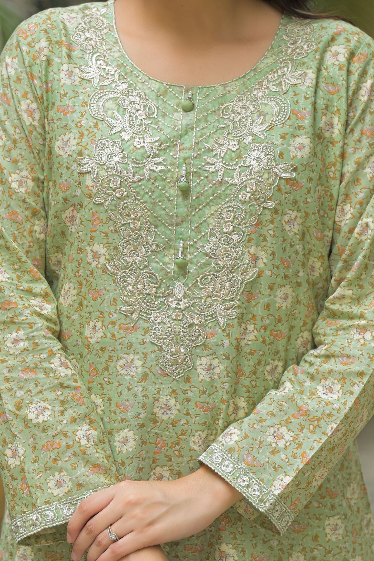 Green Cotton Embroidered Straight Cut Suit Set