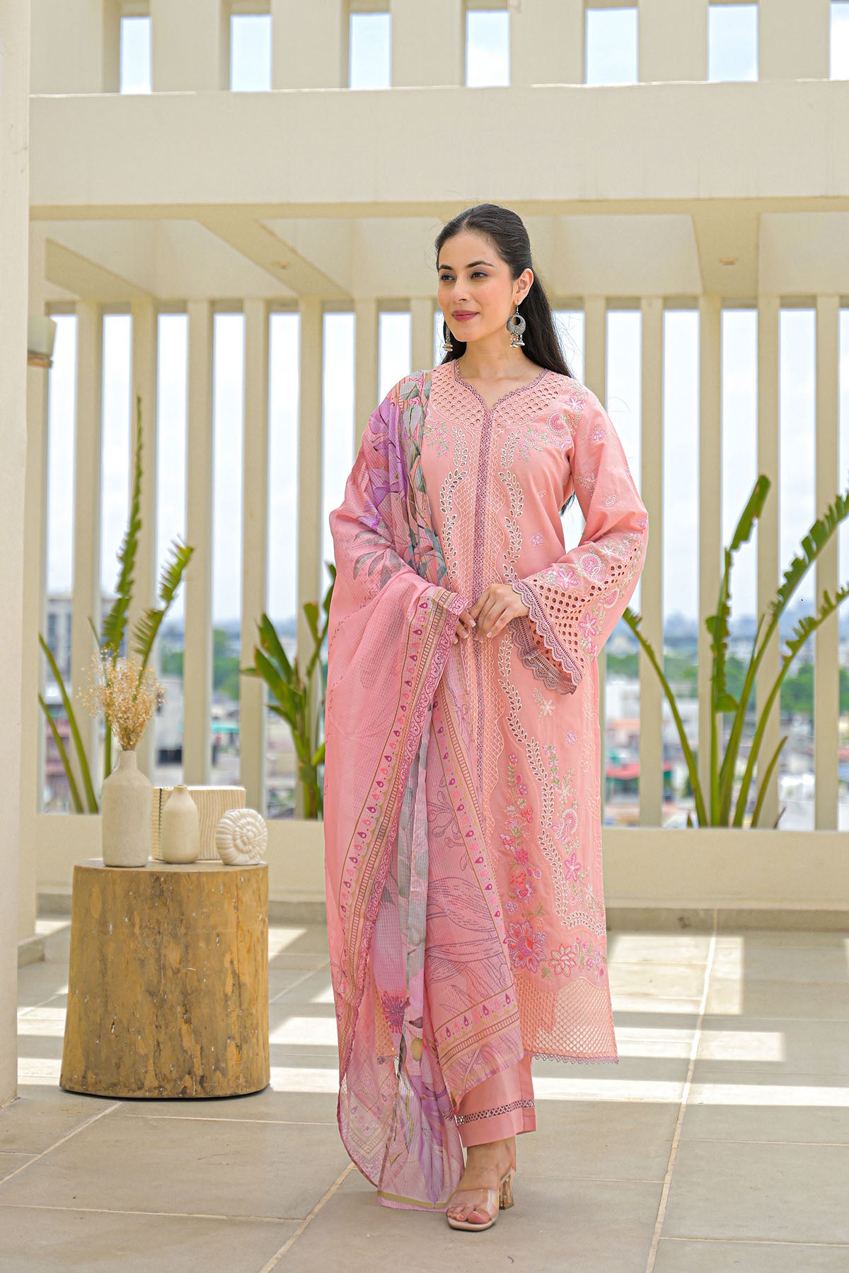 Peach Multicolor Cotton Straight-Cut Printed Suit