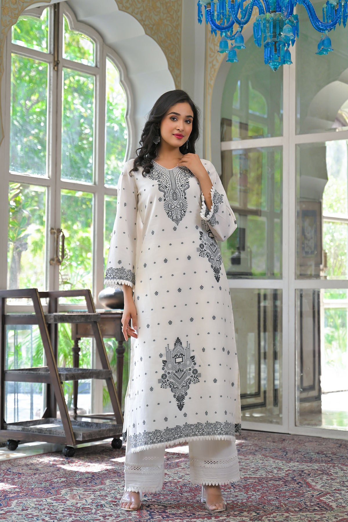 White Straight-Cut Cotton Embroidered Suit