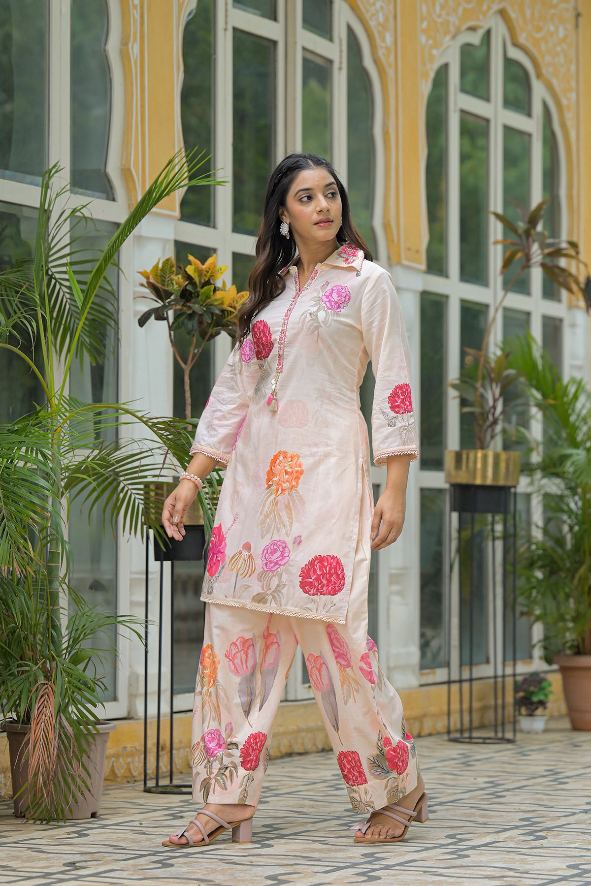 Beige Cotton Printed Co-Ord Set