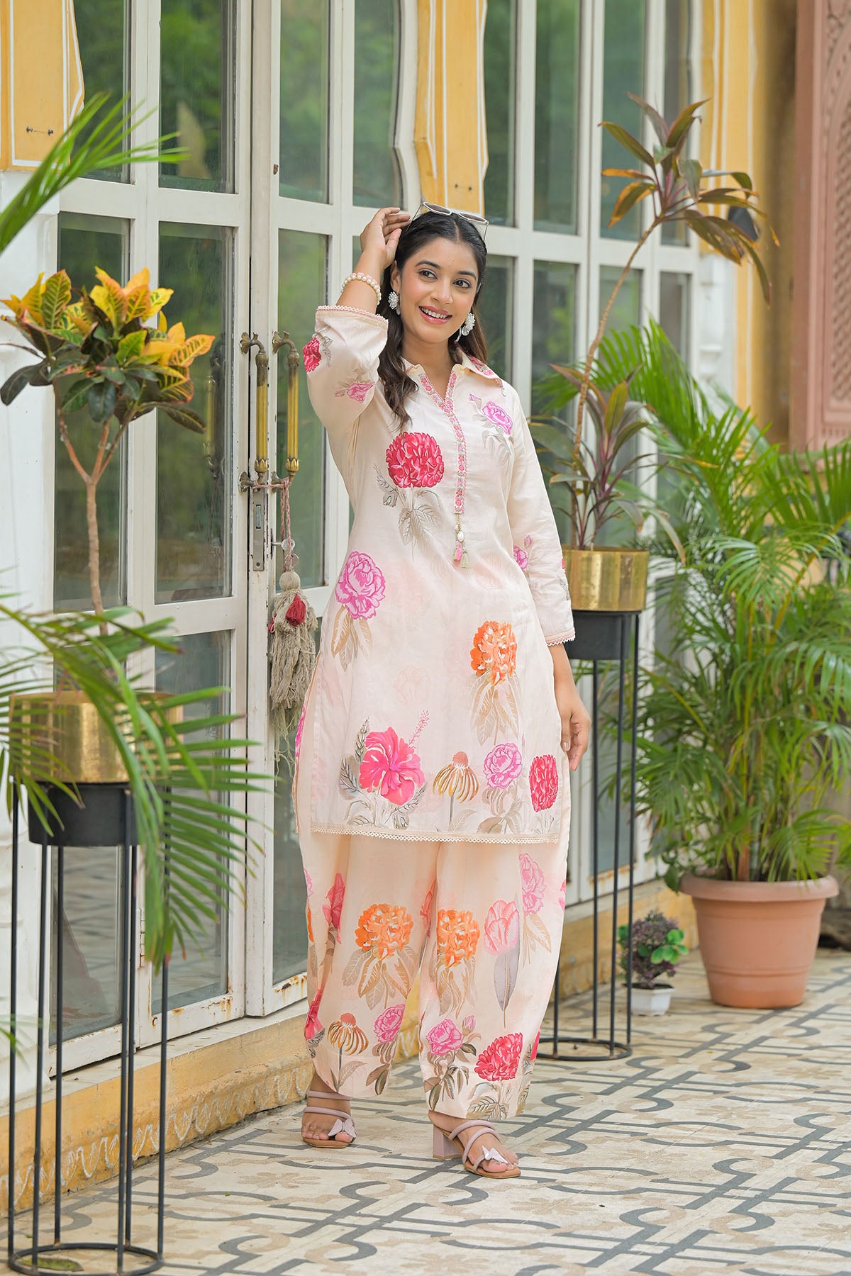 Beige Cotton Printed Co-Ord Set