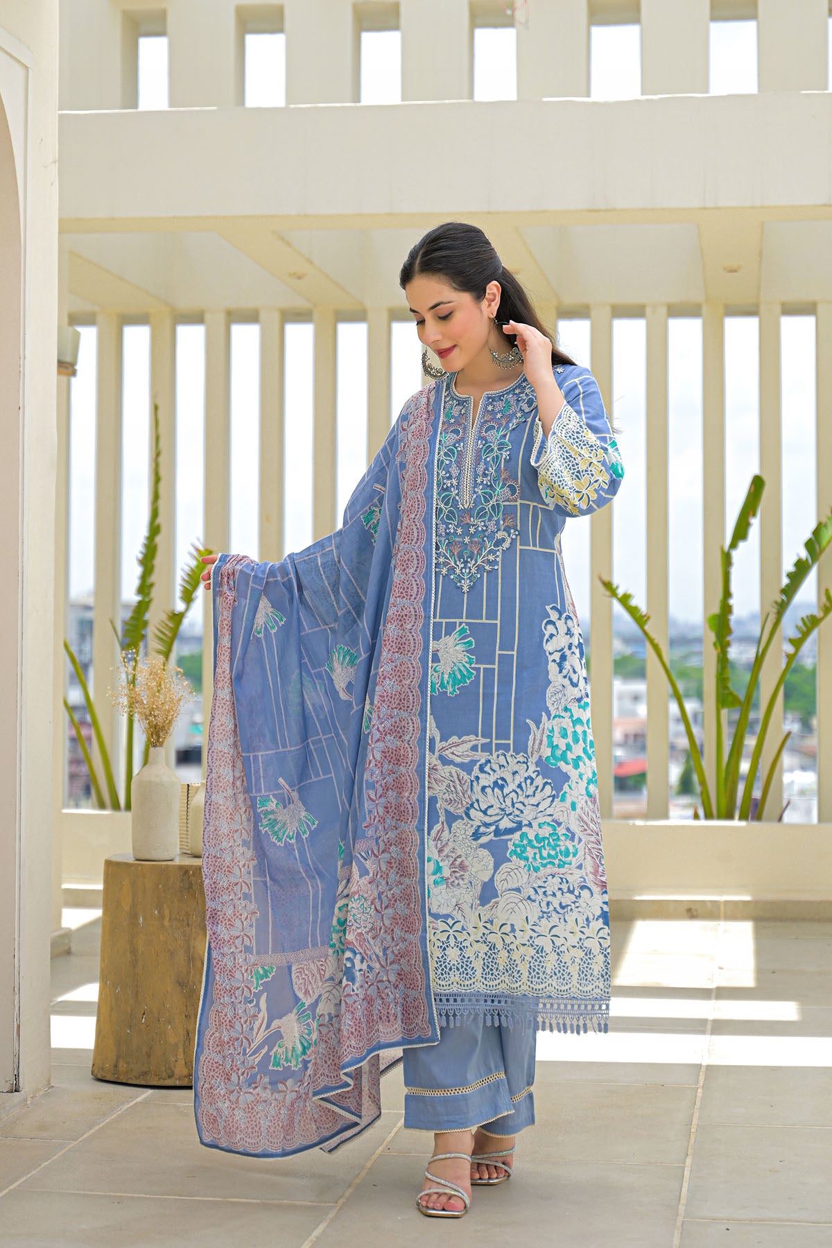 Blue Multicolor Cotton Straight-Cut Printed Suit