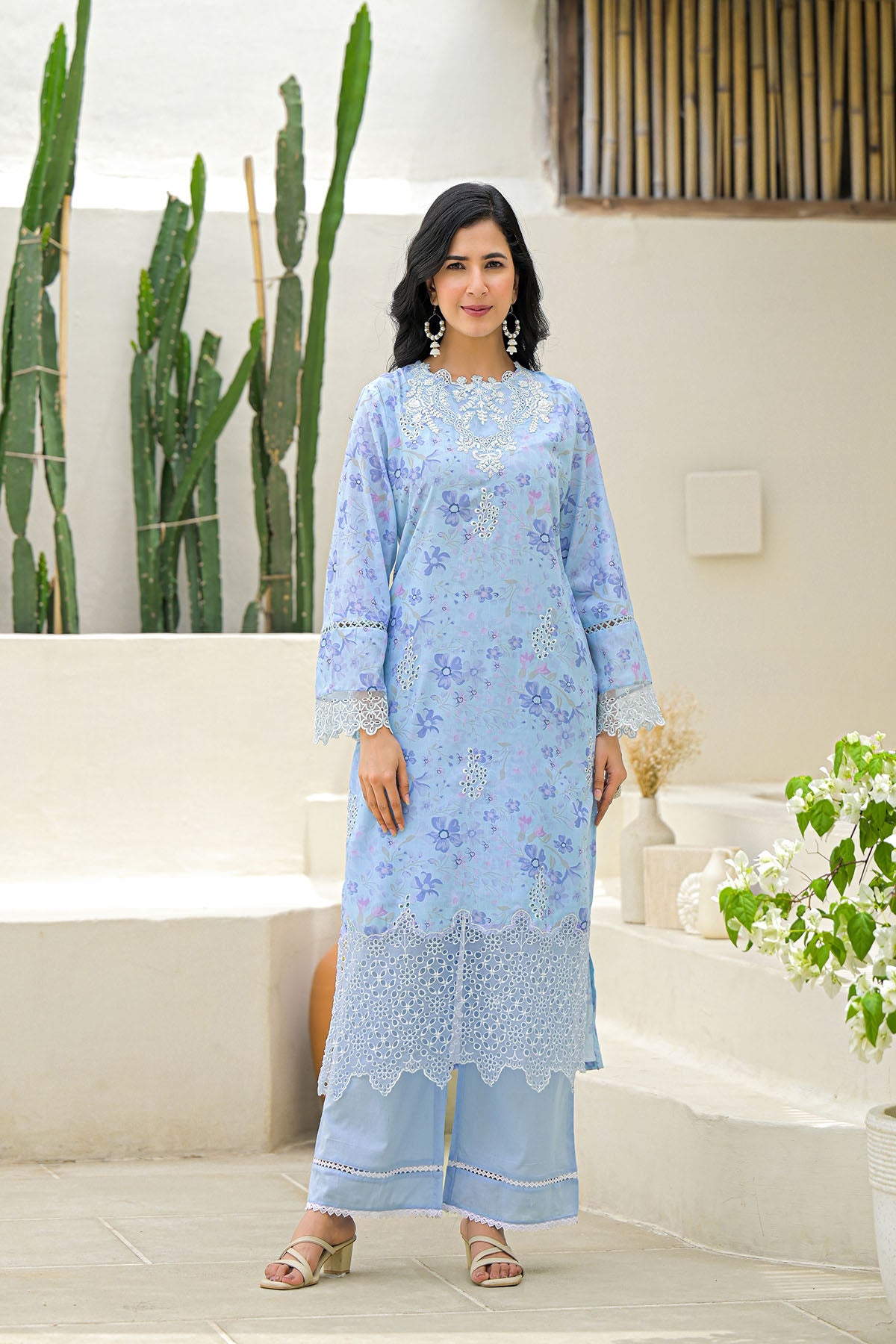 Blue Multicolor Cotton Straight-Cut Printed Suit
