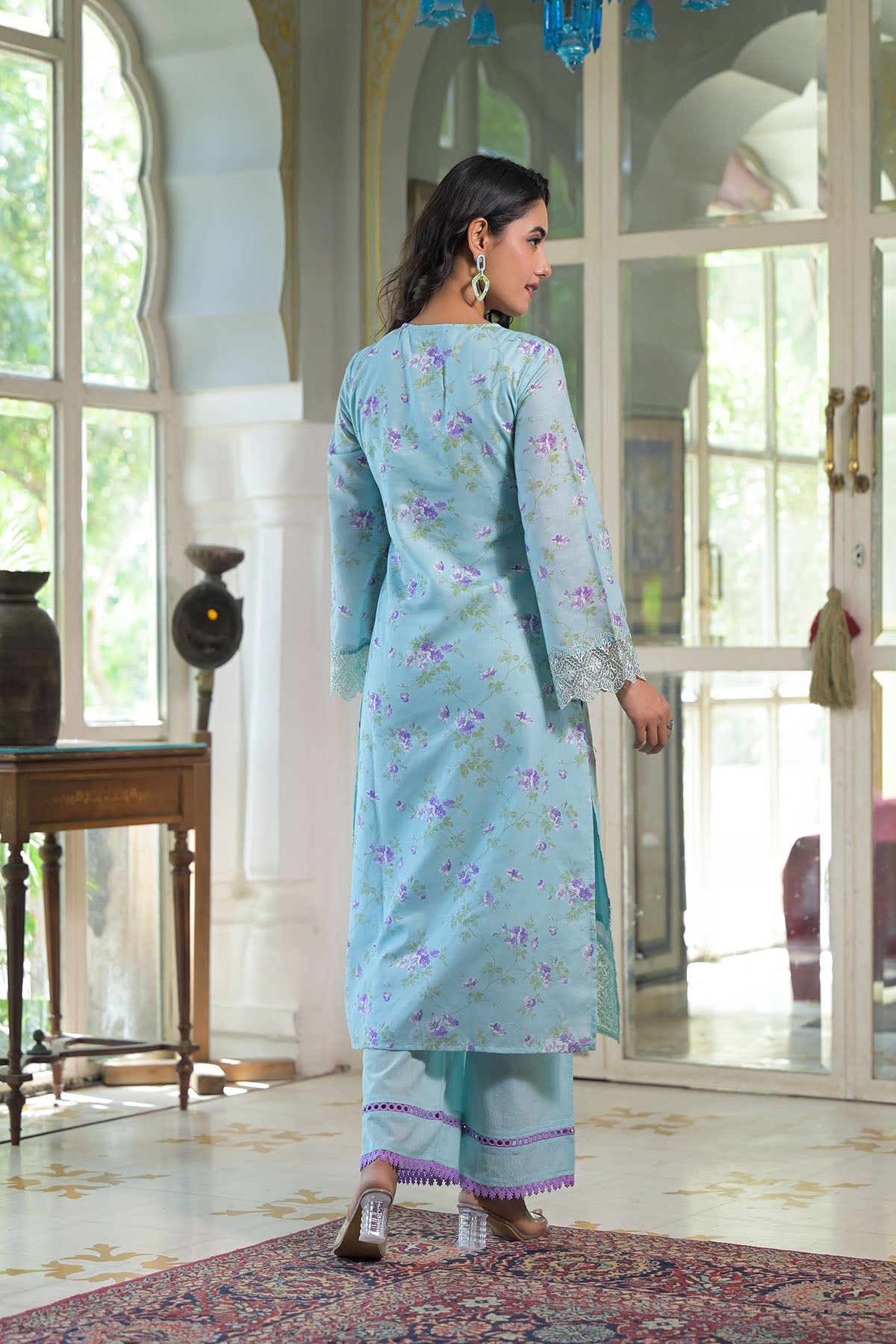Blue Multicolor Cotton Straight-Cut Printed Suit