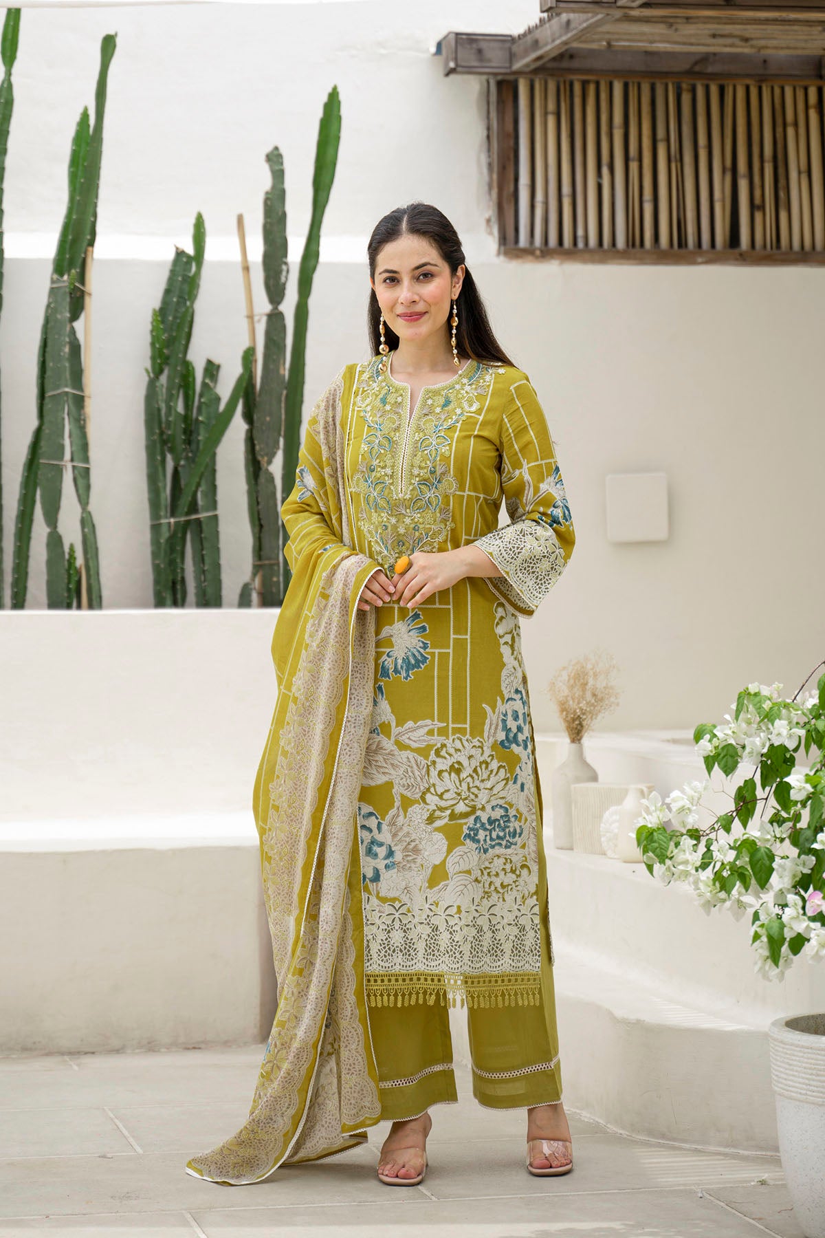 Mustard Multicolor Cotton Straight-Cut Printed Suit