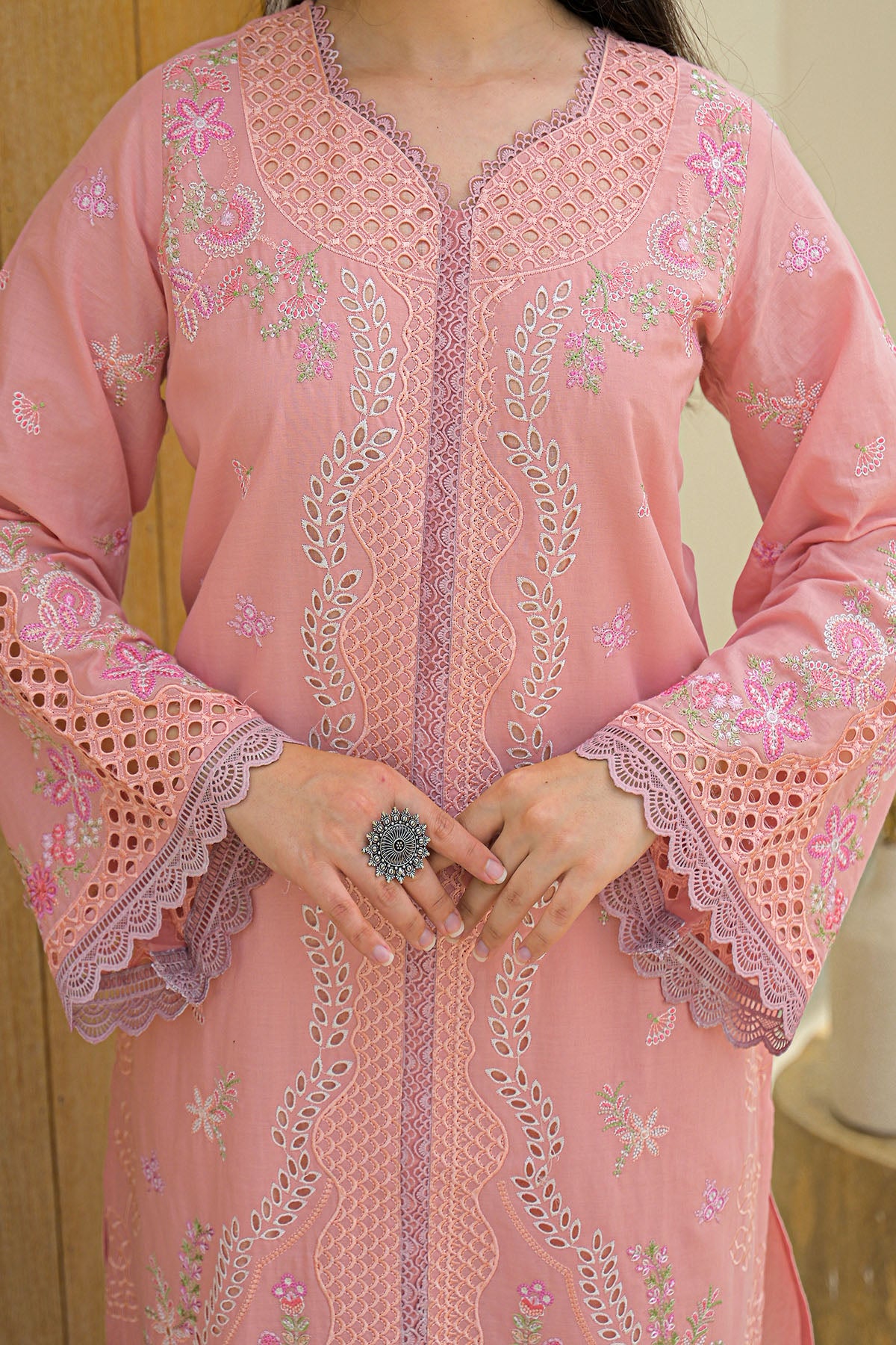 Peach Multicolor Cotton Straight-Cut Printed Suit