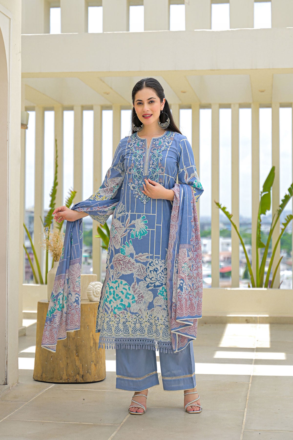 Blue Multicolor Cotton Straight-Cut Printed Suit