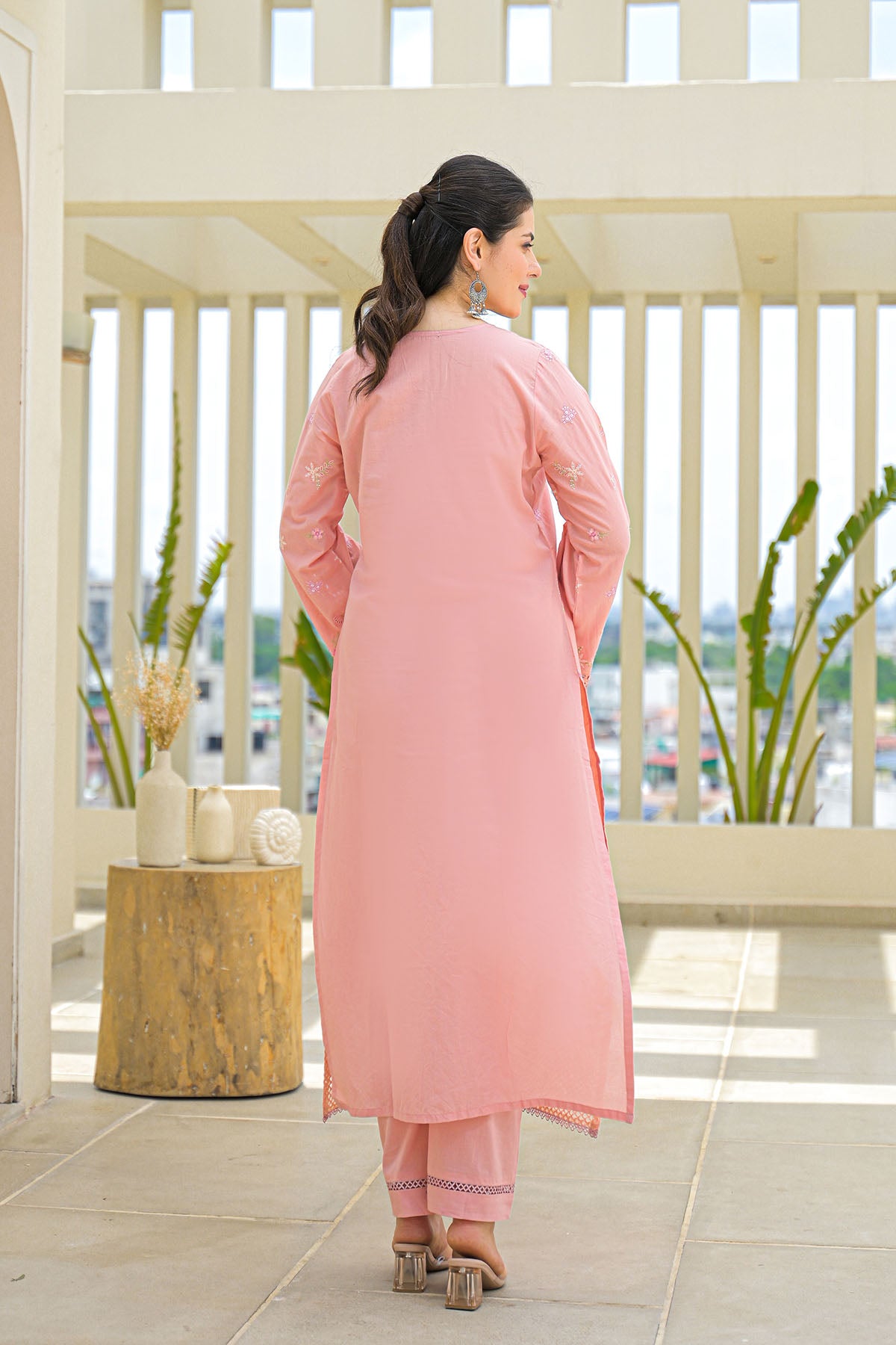 Peach Multicolor Cotton Straight-Cut Printed Suit