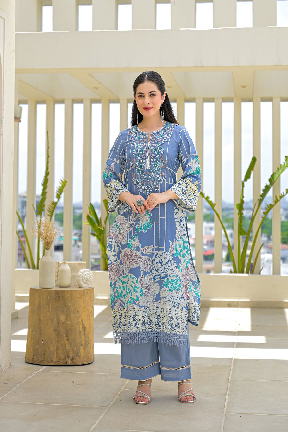 Blue Multicolor Cotton Straight-Cut Printed Suit