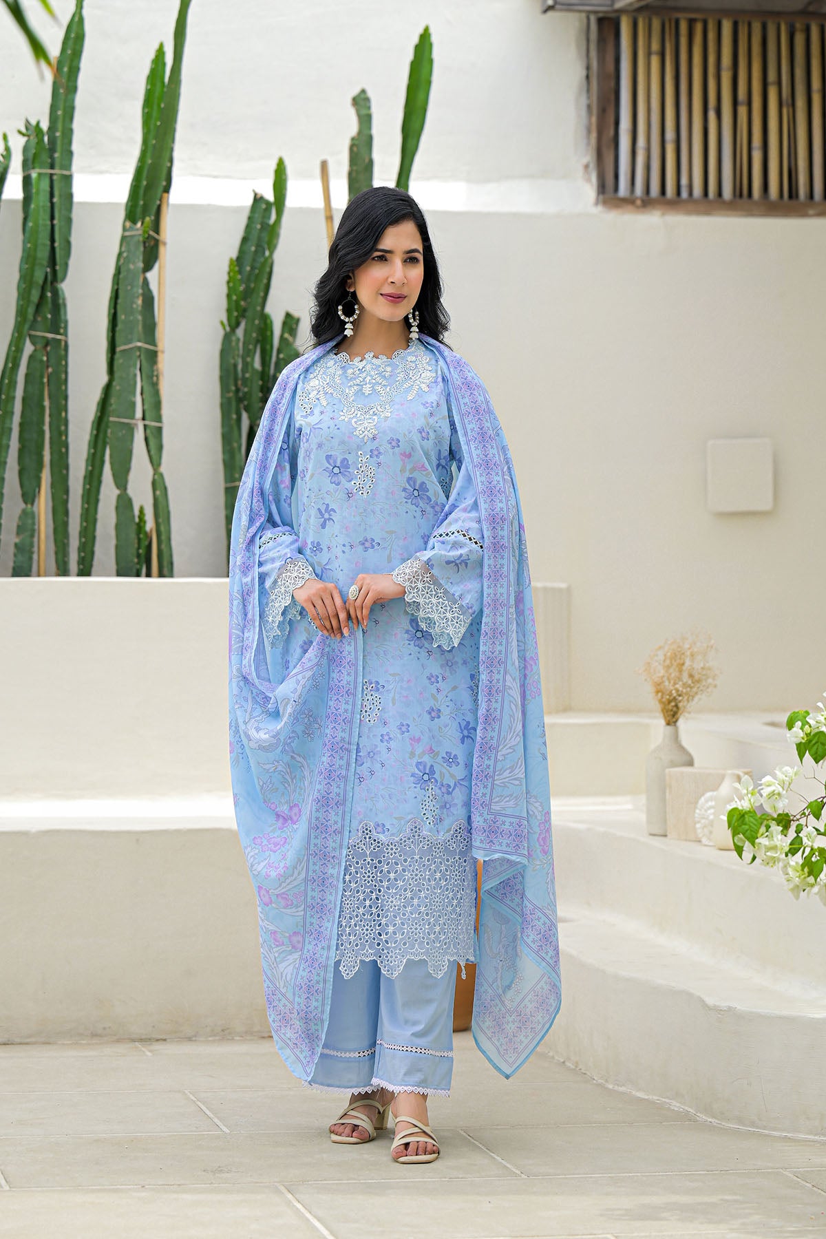 Blue Multicolor Cotton Straight-Cut Printed Suit