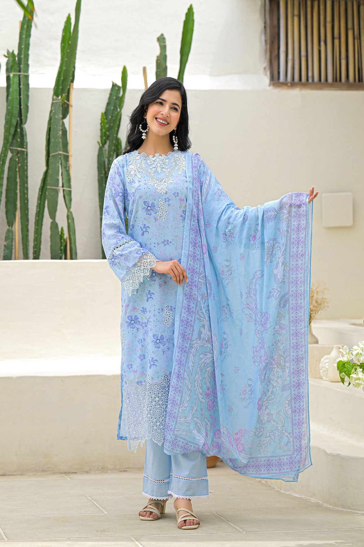 Blue Multicolor Cotton Straight-Cut Printed Suit