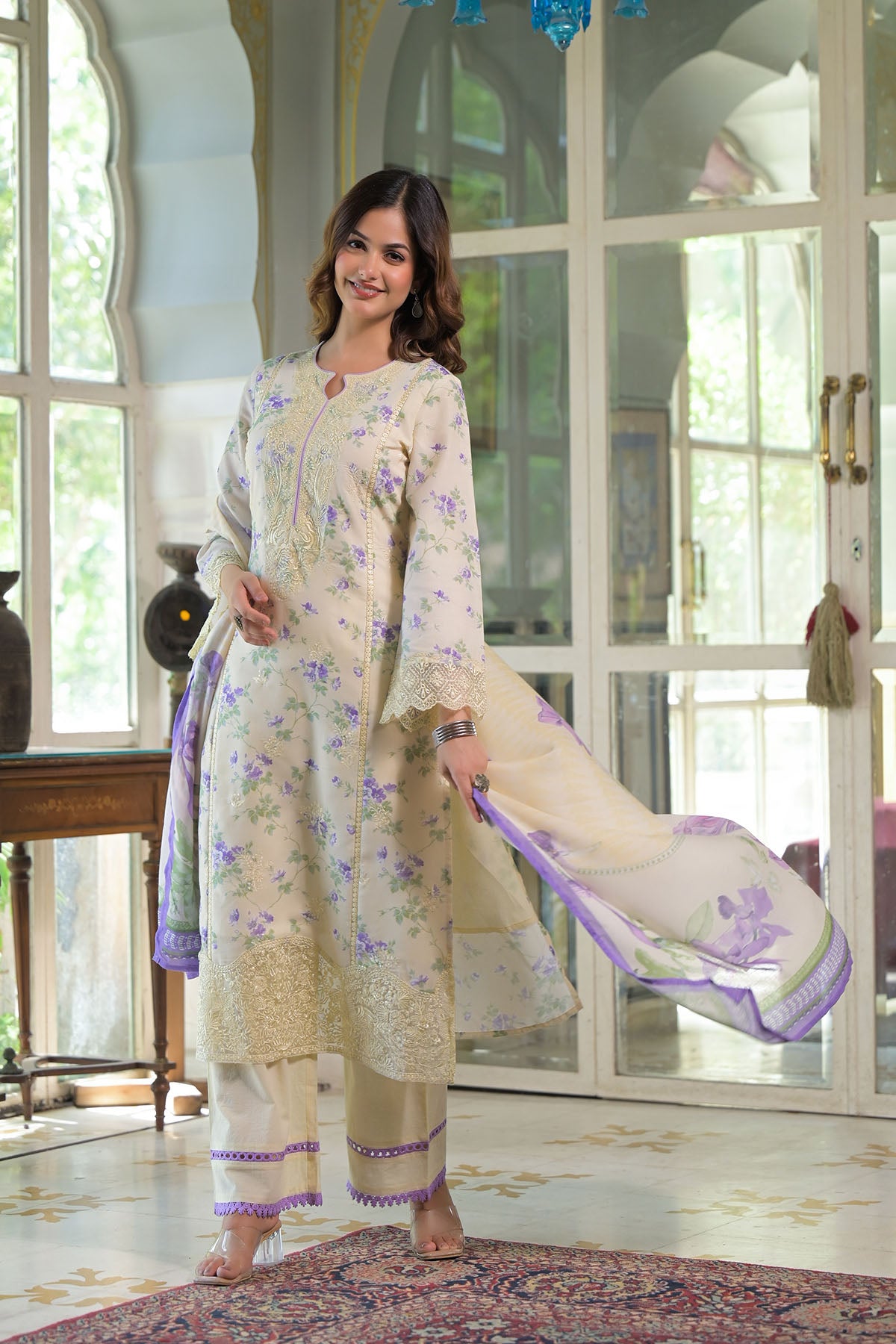 Yellow Multicolor Cotton Straight-Cut Printed Suit