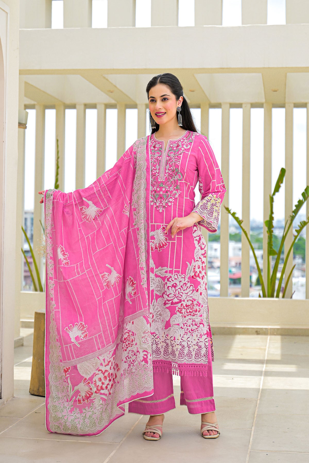 Pink Multicolor Cotton Straight-Cut Printed Suit