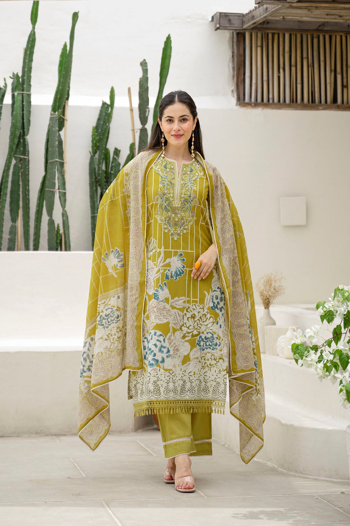 Mustard Multicolor Cotton Straight-Cut Printed Suit