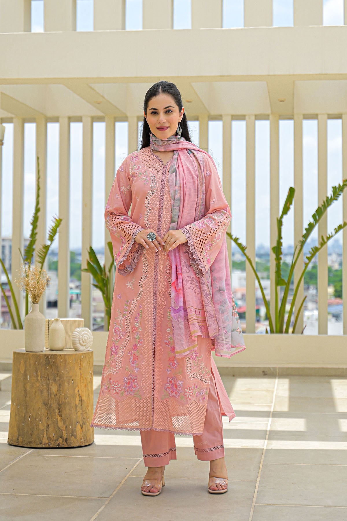 Peach Multicolor Cotton Straight-Cut Printed Suit