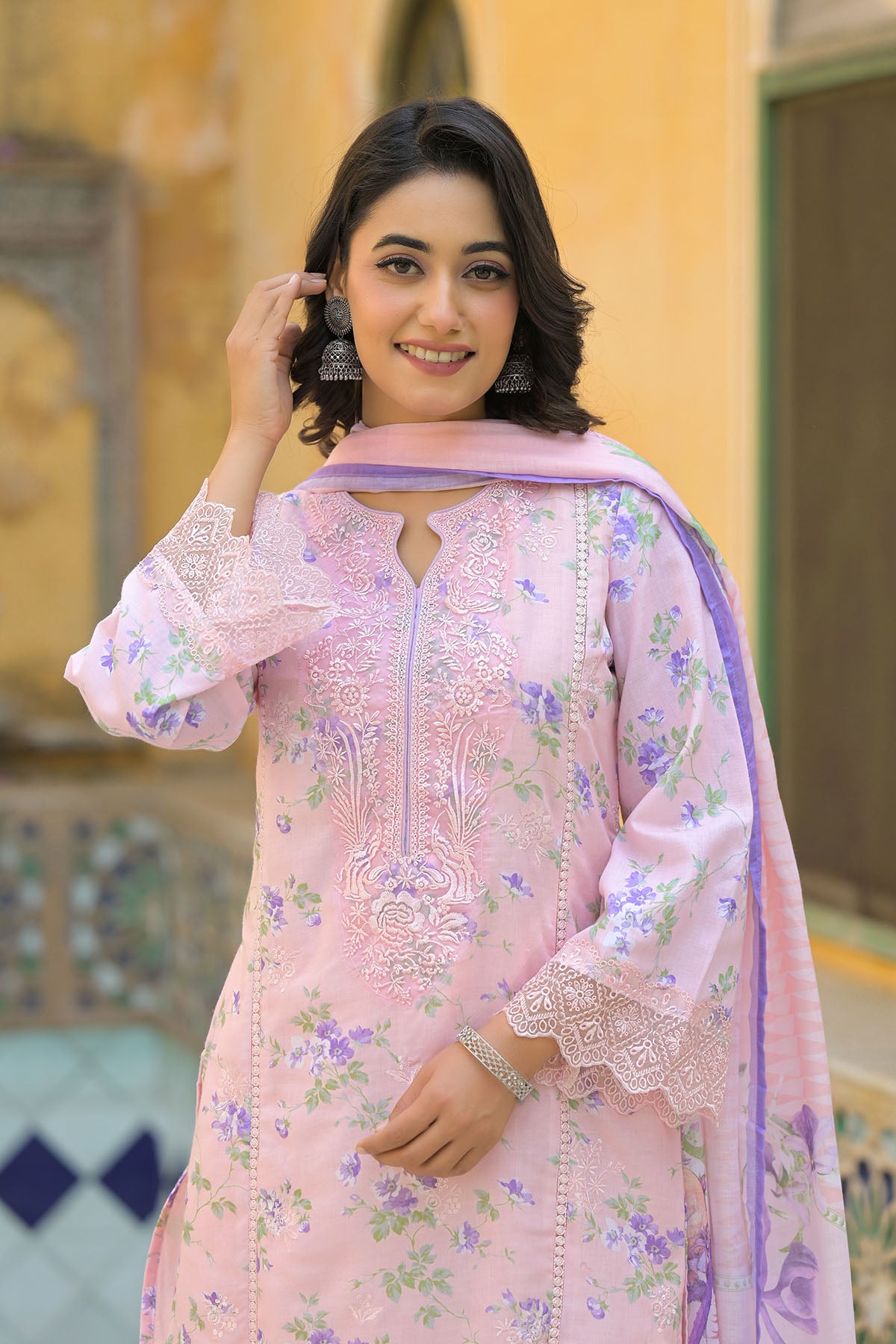 Pink Multicolor Cotton Straight-Cut Printed Suit