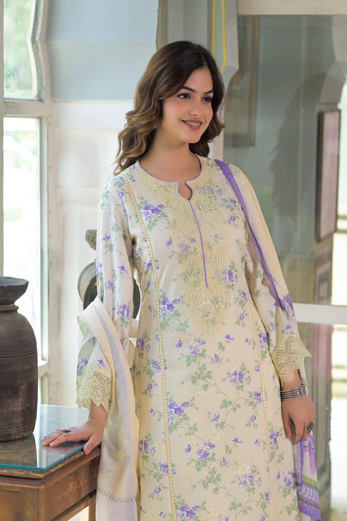 Yellow Multicolor Cotton Straight-Cut Printed Suit