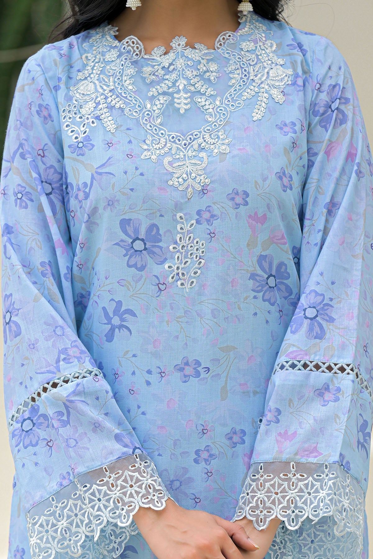 Blue Multicolor Cotton Straight-Cut Printed Suit