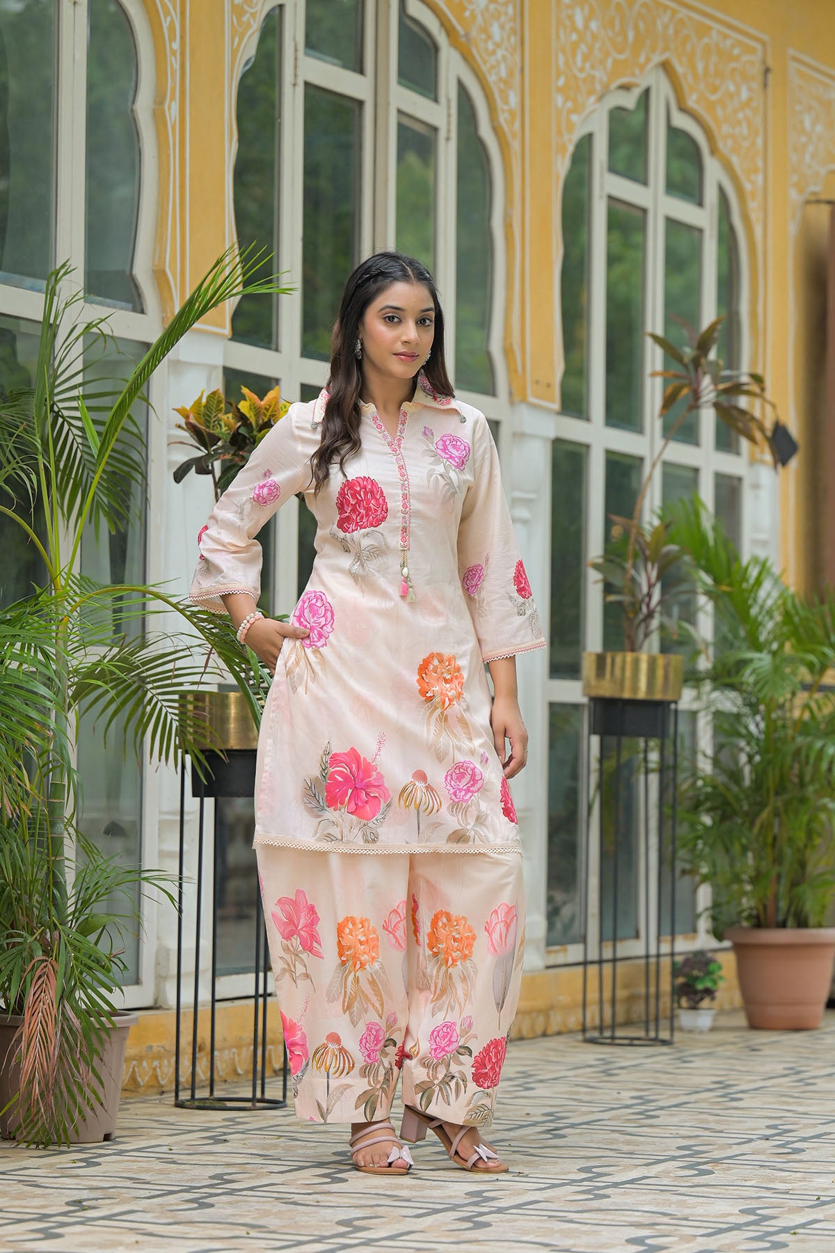 Beige Cotton Printed Co-Ord Set