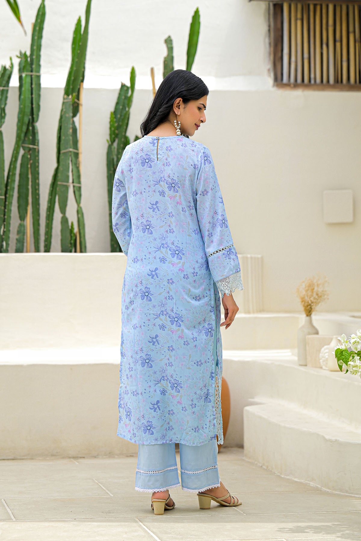 Blue Multicolor Cotton Straight-Cut Printed Suit