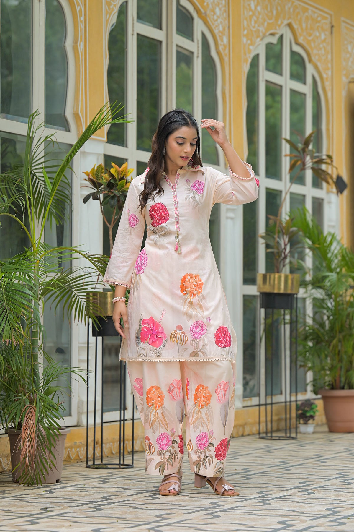 Beige Cotton Printed Co-Ord Set