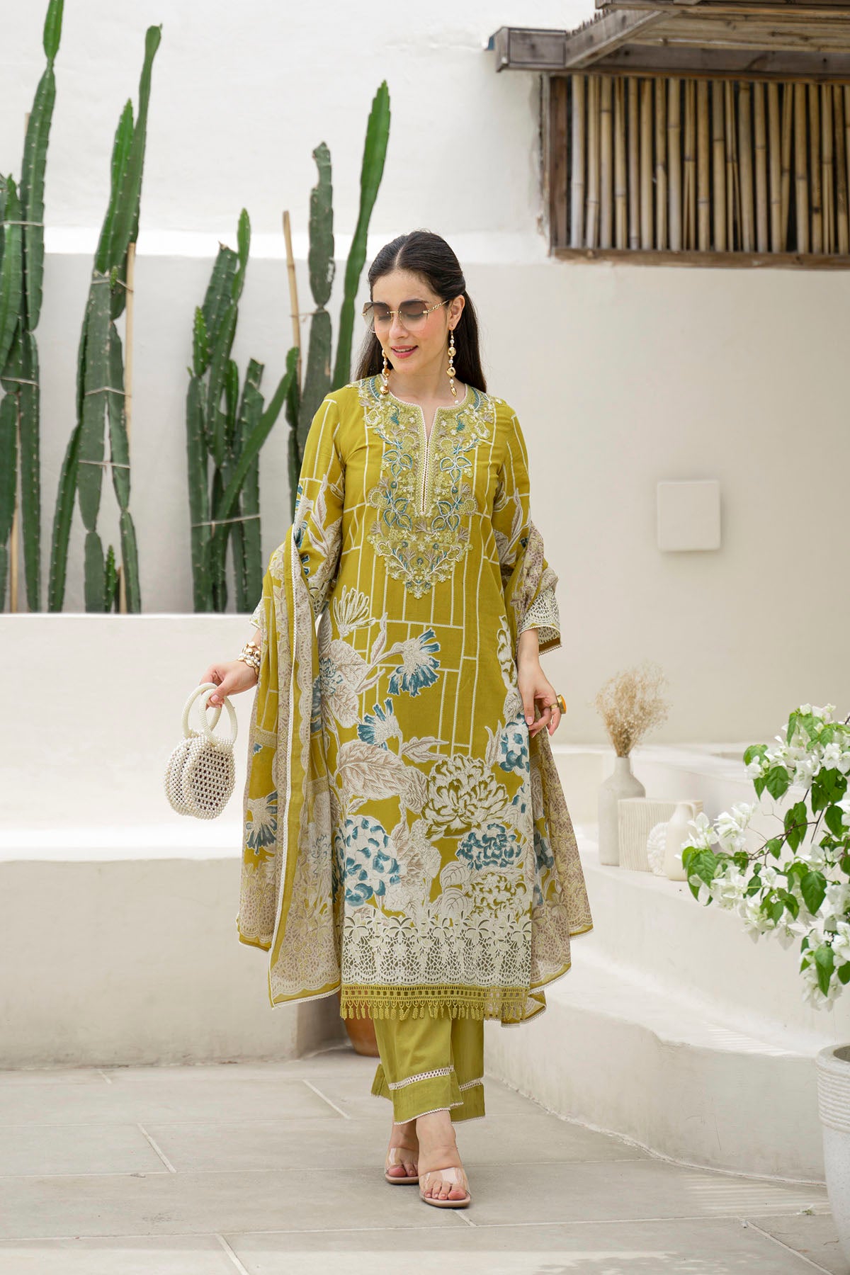 Mustard Multicolor Cotton Straight-Cut Printed Suit
