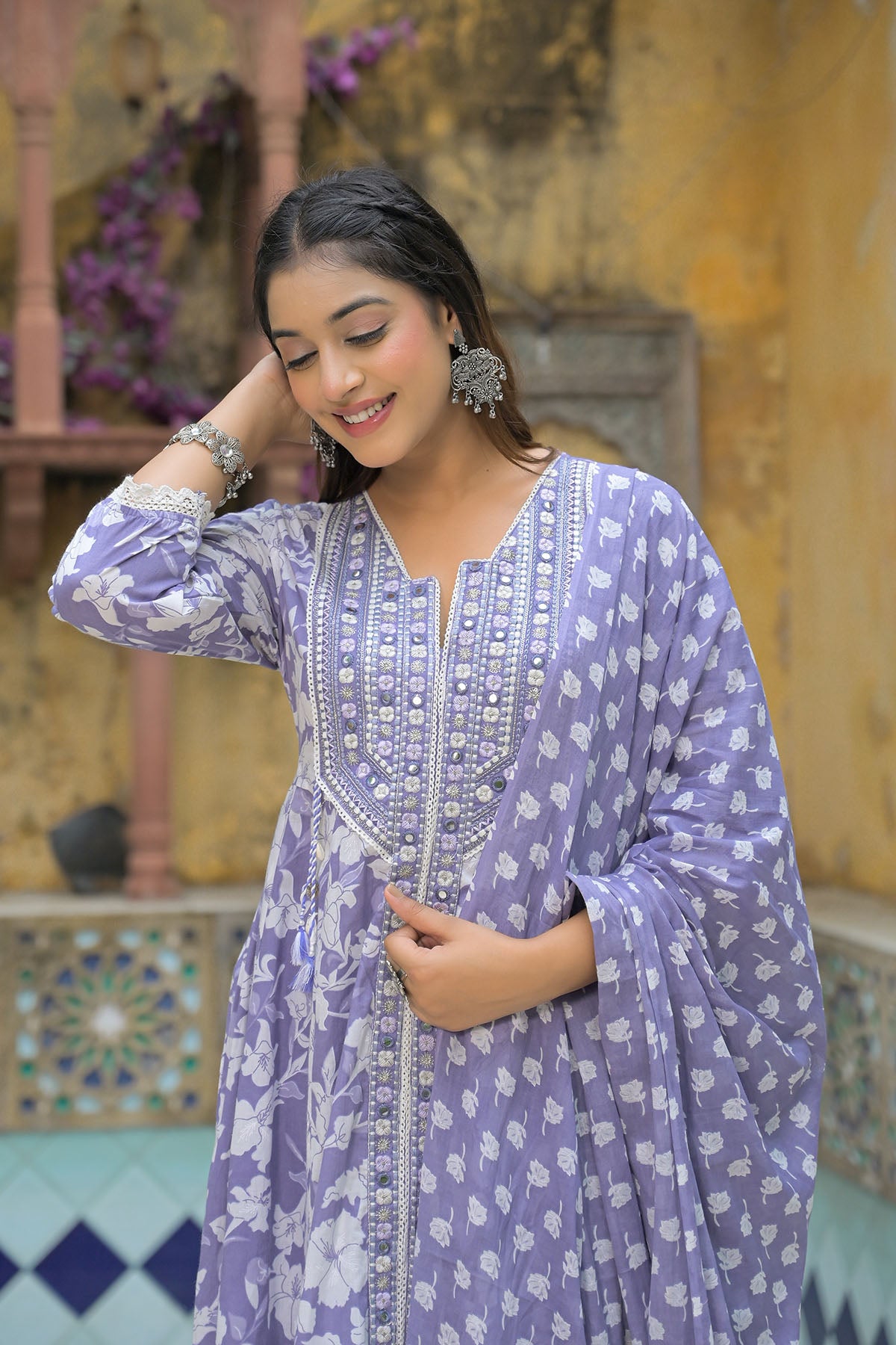 Violet Blue Floral Cotton Embroidered Anarkali Suit