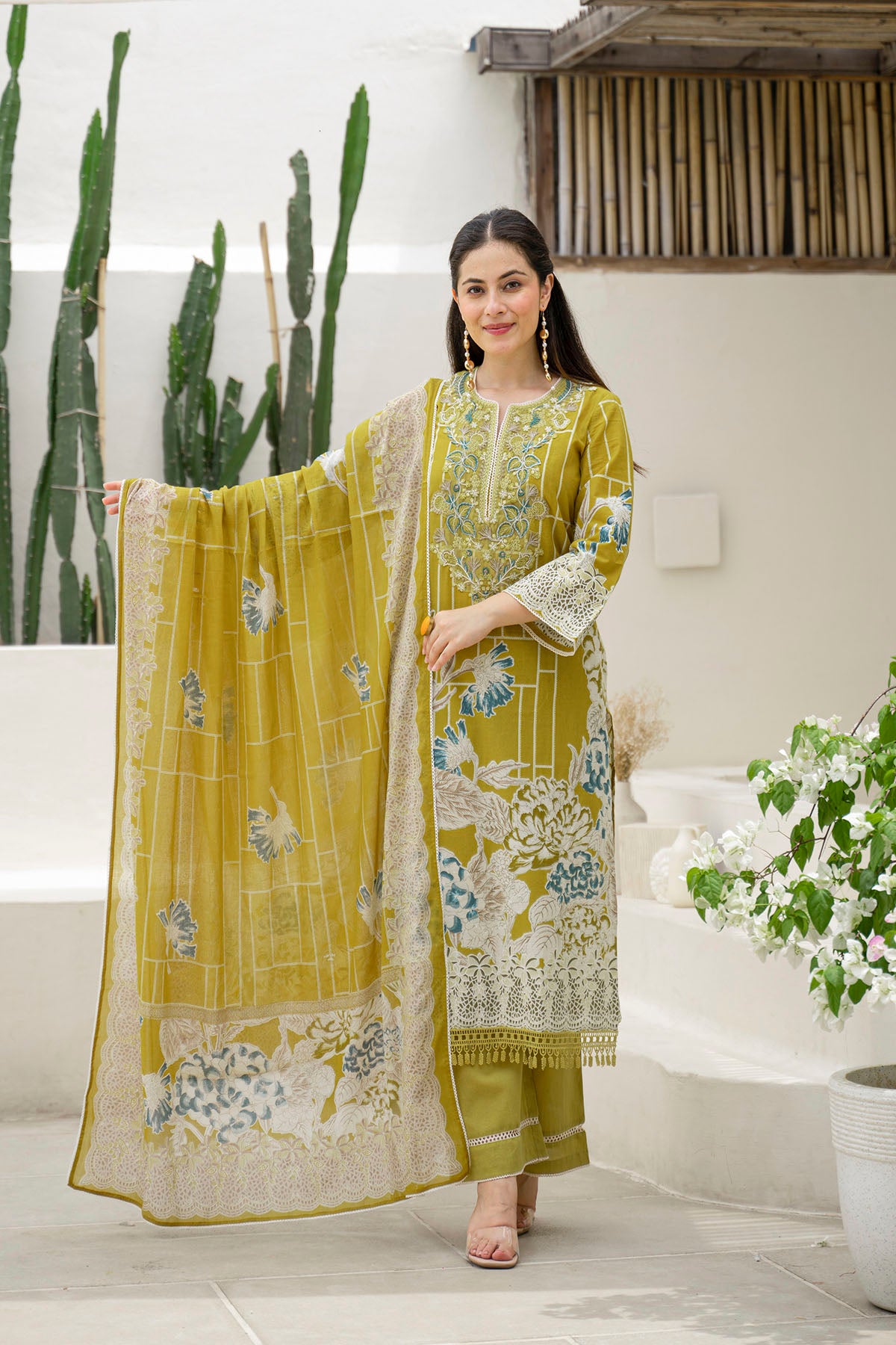 Mustard Multicolor Cotton Straight-Cut Printed Suit