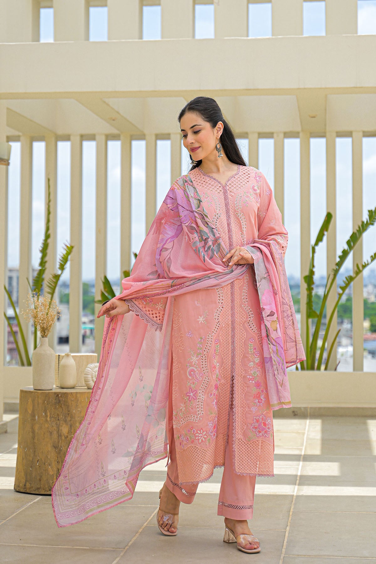Peach Multicolor Cotton Straight-Cut Printed Suit