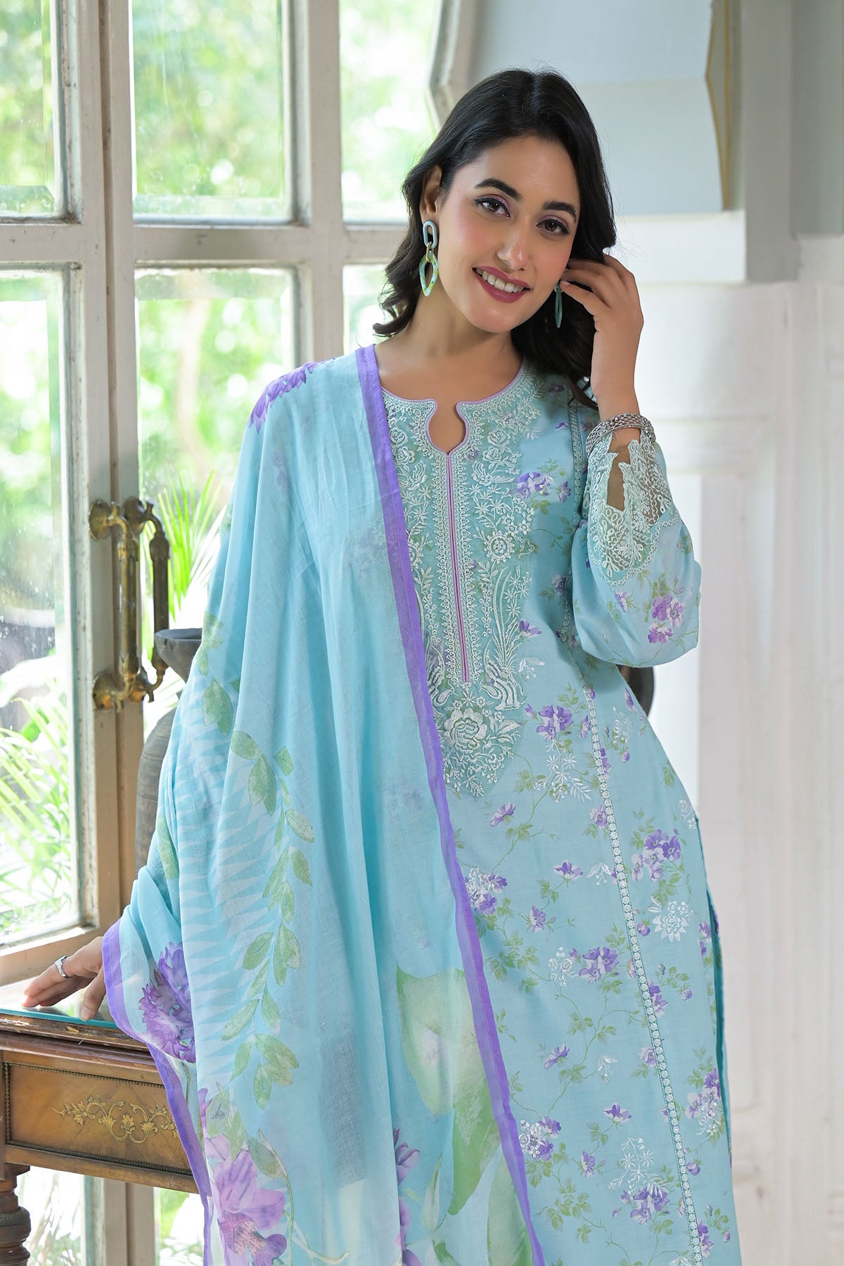 Blue Multicolor Cotton Straight-Cut Printed Suit