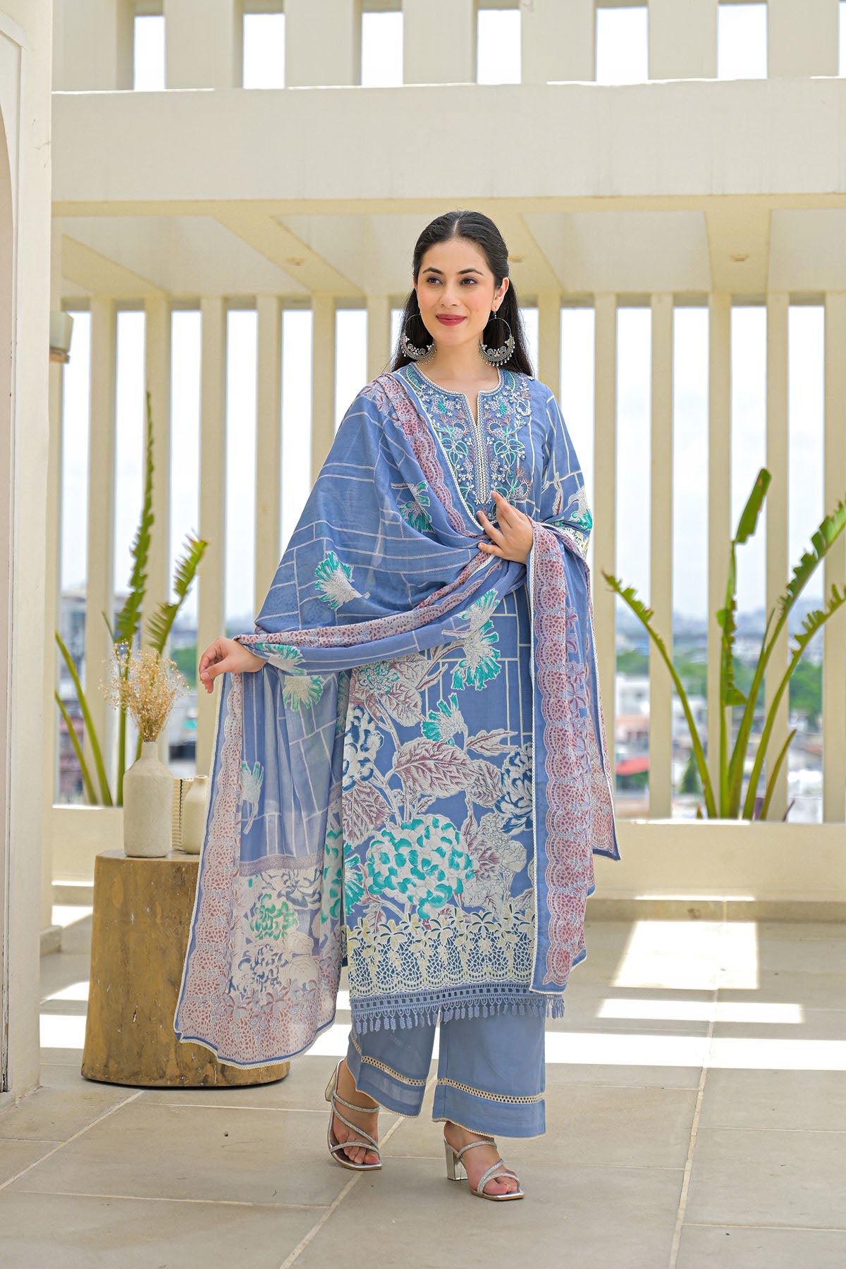 Blue Multicolor Cotton Straight-Cut Printed Suit