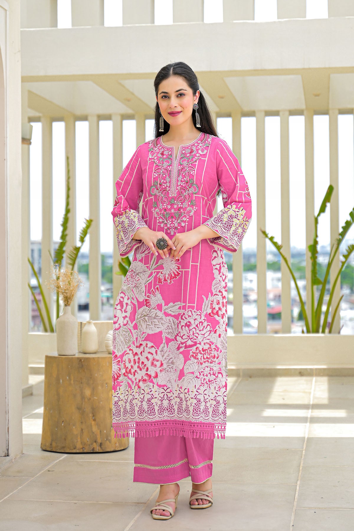 Pink Multicolor Cotton Straight-Cut Printed Suit