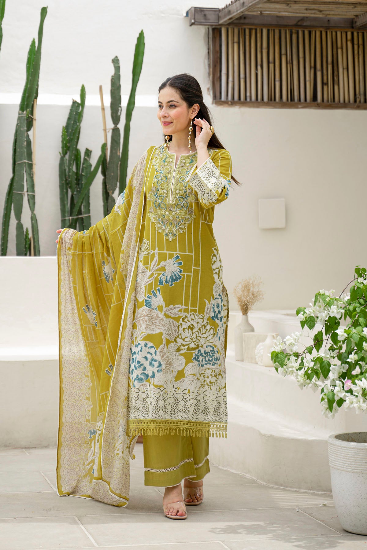 Mustard Multicolor Cotton Straight-Cut Printed Suit