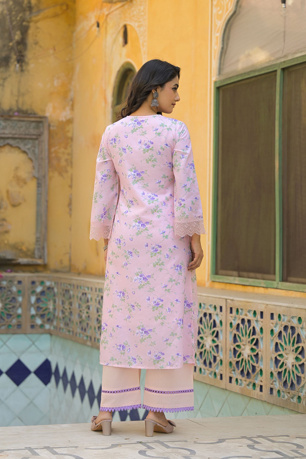 Pink Multicolor Cotton Straight-Cut Printed Suit