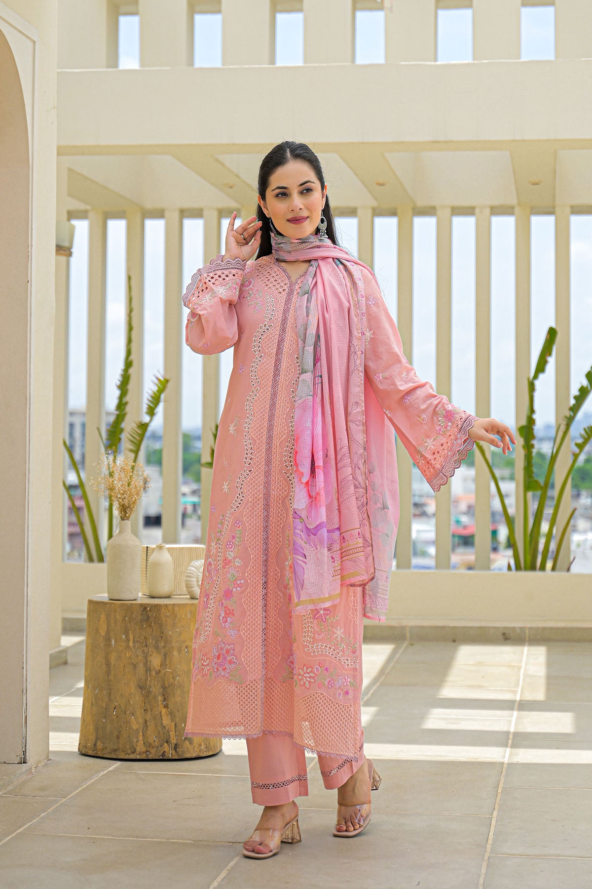 Peach Multicolor Cotton Straight-Cut Printed Suit