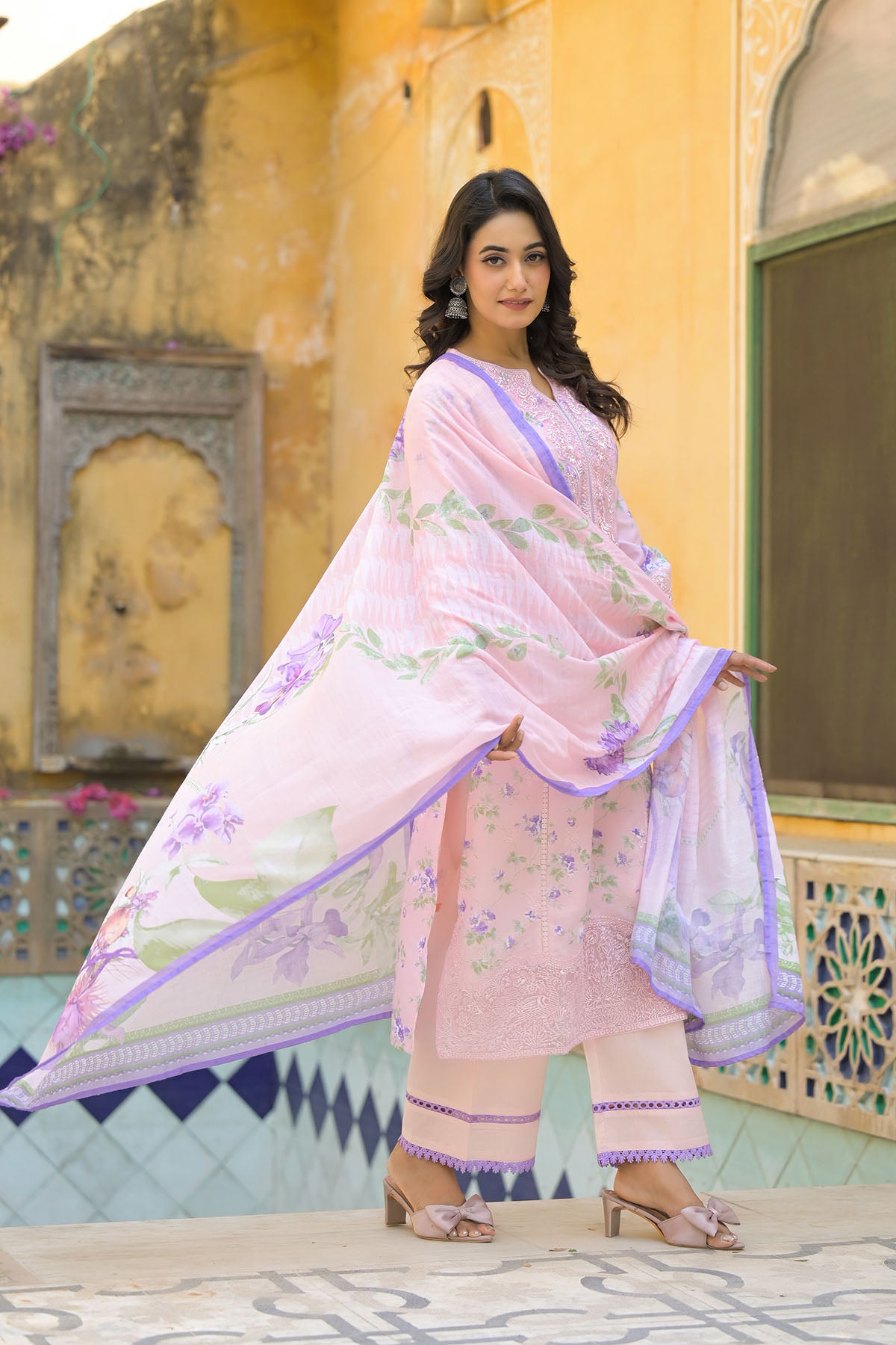 Pink Multicolor Cotton Straight-Cut Printed Suit