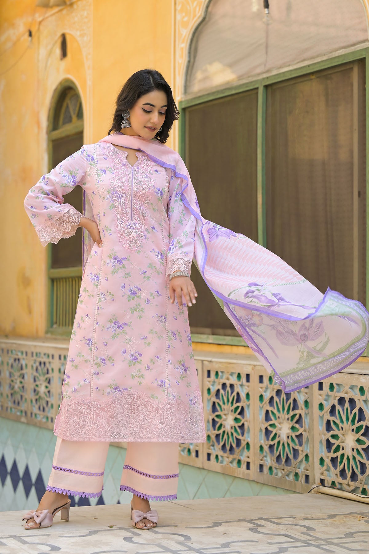 Pink Multicolor Cotton Straight-Cut Printed Suit