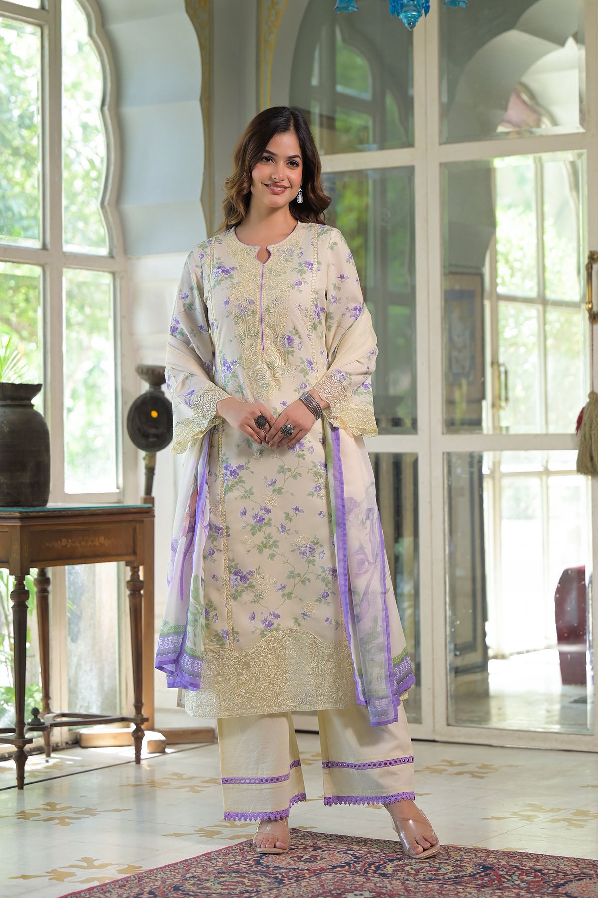 Yellow Multicolor Cotton Straight-Cut Printed Suit