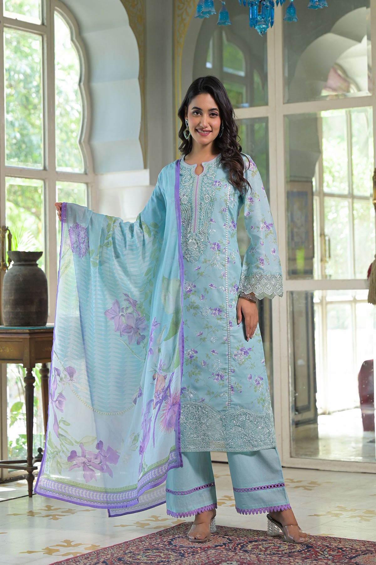 Blue Multicolor Cotton Straight-Cut Printed Suit