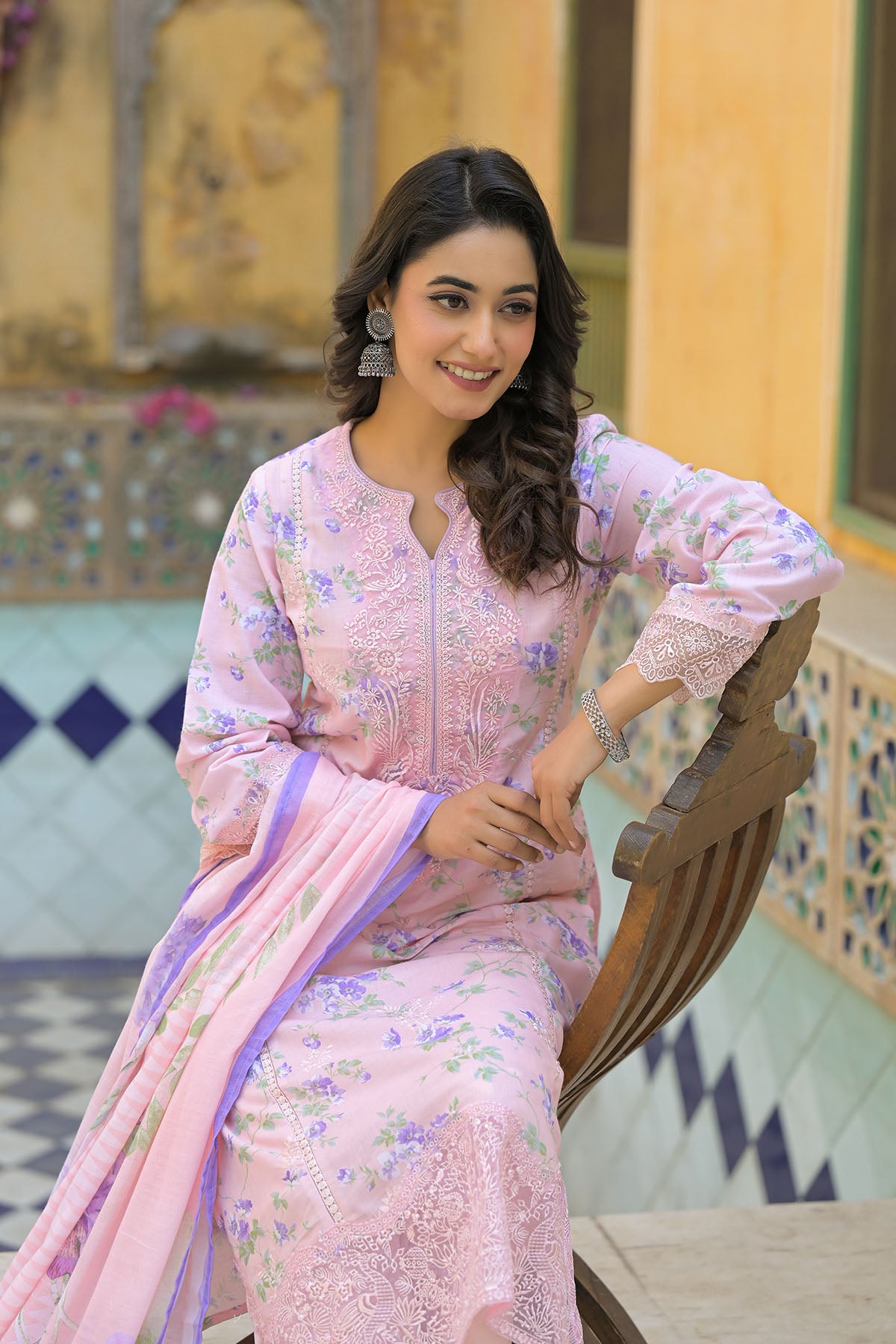 Pink Multicolor Cotton Straight-Cut Printed Suit