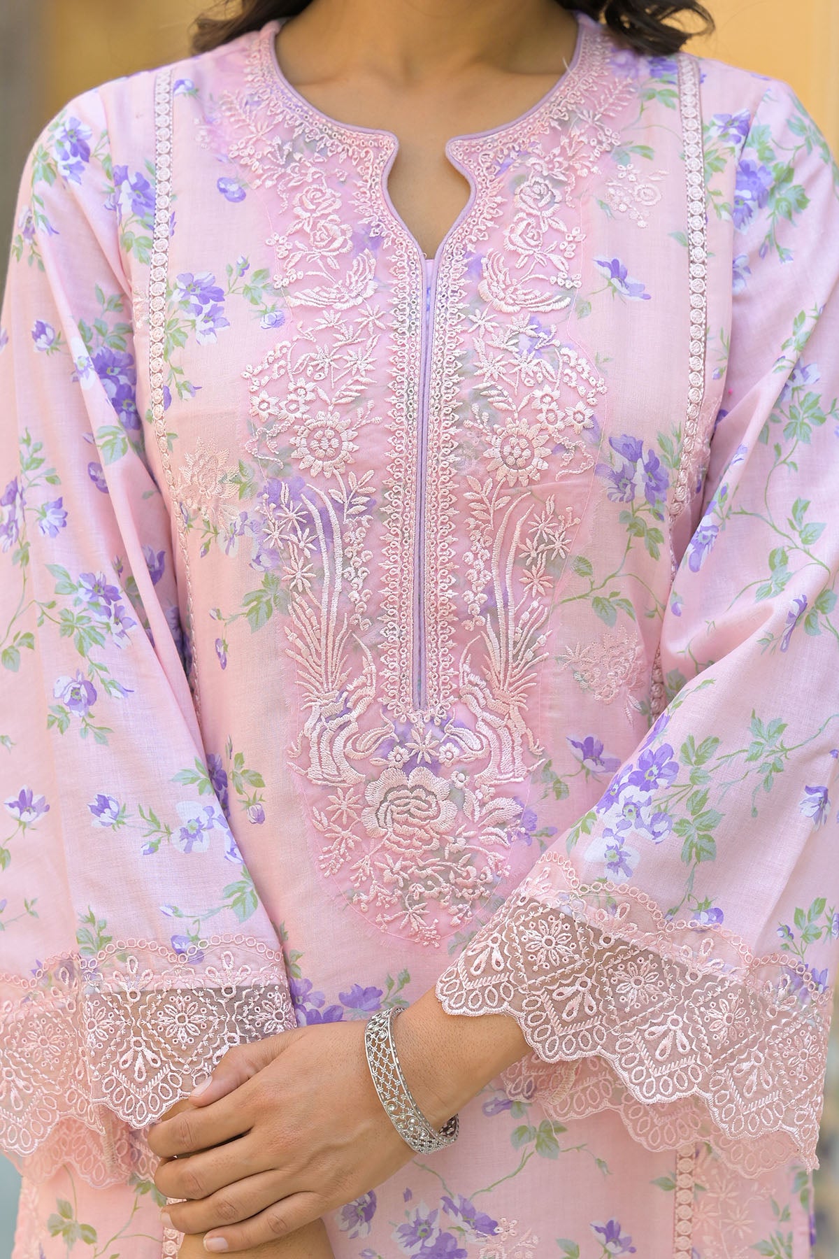 Pink Multicolor Cotton Straight-Cut Printed Suit