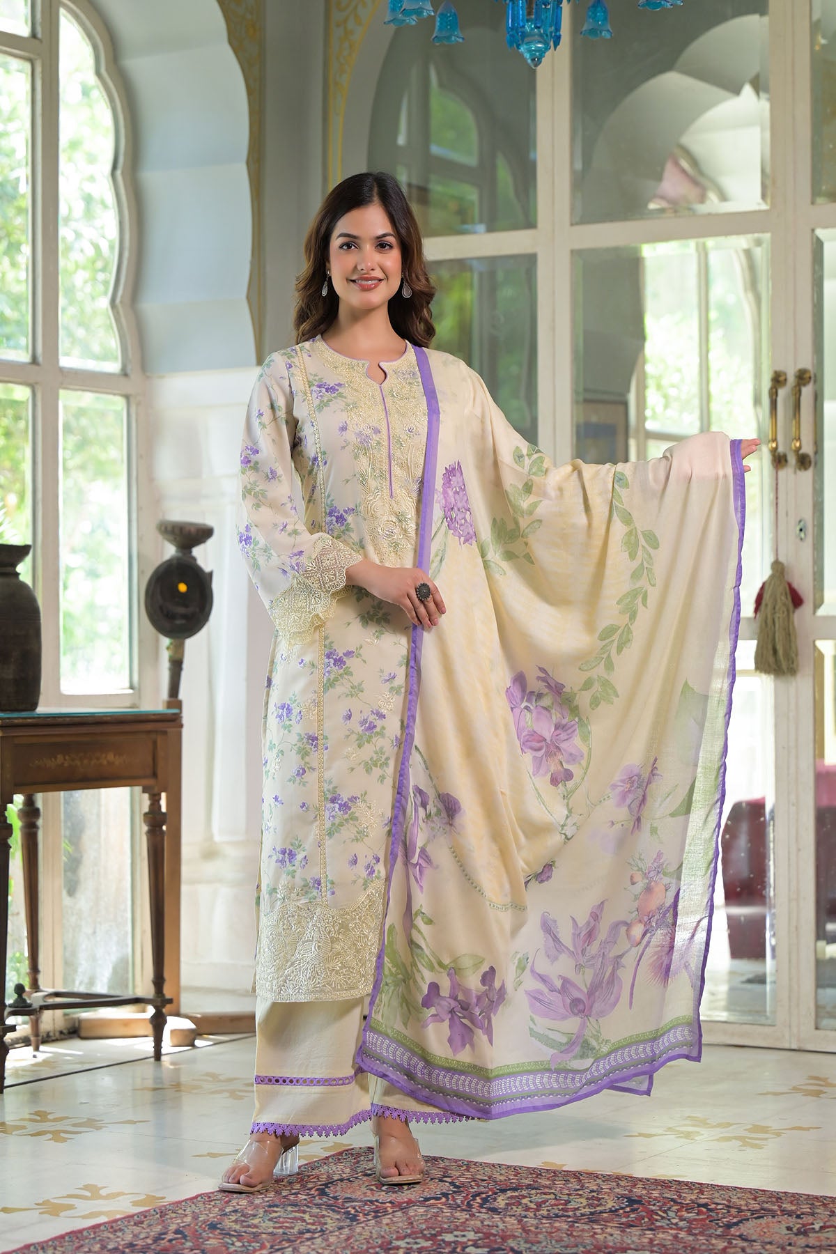 Yellow Multicolor Cotton Straight-Cut Printed Suit