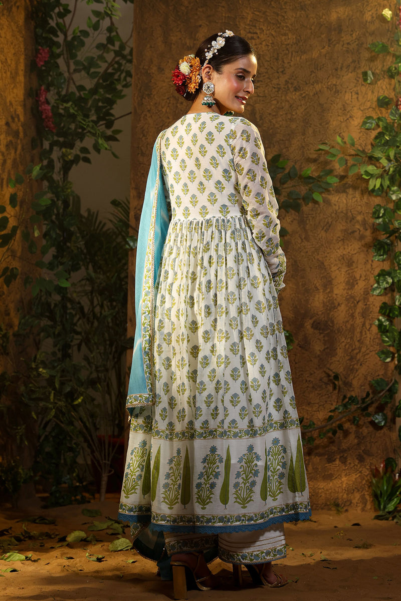 Seher Turquoise Mulmul Mughal Block Print Sharara Set