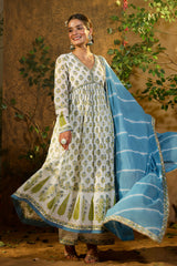 Seher Turquoise Mulmul Mughal Block Print Sharara Set